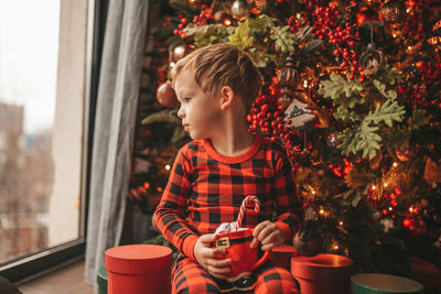 Portrait of boy holding christmas tree at home