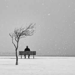 Rear view of person sitting on park bench during snowfall