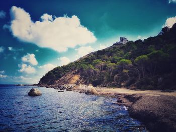 Scenic view of sea by mountains against sky