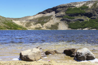 Scenic view of lake against clear sky