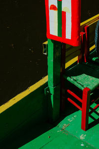 High angle view of empty bench on table