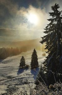 Scenic view of snow field against sky during sunset