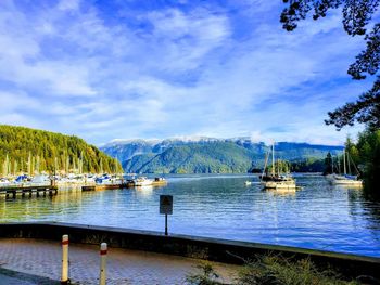 Scenic view of lake by mountains against sky