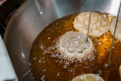 High angle view of meat in bowl