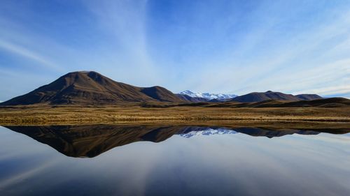 Scenic view of lake and mountains against blue sky