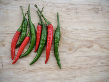 High angle view of chili peppers on table