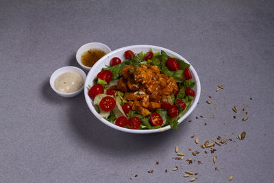 High angle view of food served on table