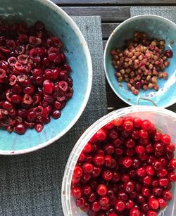 High angle view of strawberries in bowl on table