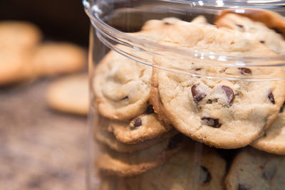 Close-up of cookies in jar on table