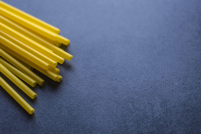 High angle view of food on table against blue background