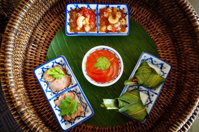 High angle view of food served on table