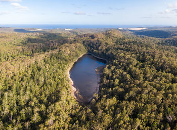 Aaerial drone view of lake allom, a fresh water lake on fraser island, queensland, australia.