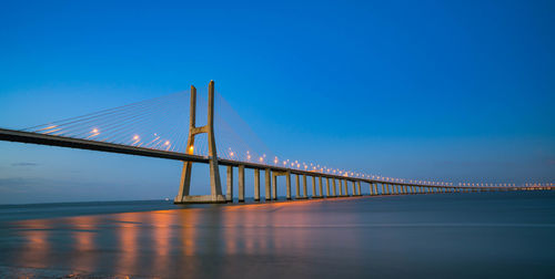 View of suspension bridge against blue sky