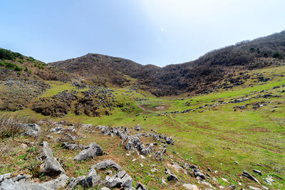 Scenic view of landscape and mountains against sky