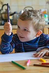 Portrait of boy holding pencils on table