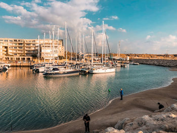 Sailboats moored at harbor against sky