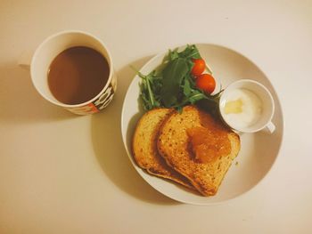 High angle view of breakfast served on table