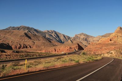 High angle landscape of a road leading down into the colorful virgin river gorge in arizona