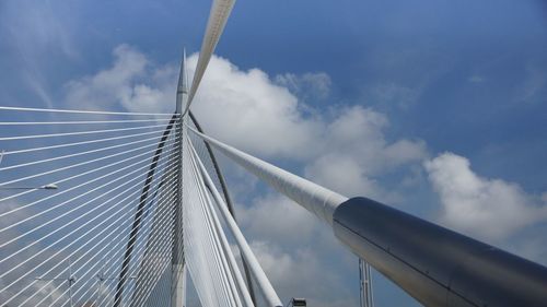 Low angle view of suspension bridge against sky