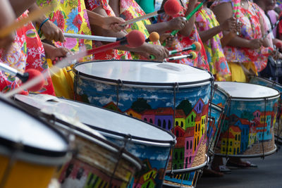 Musicians from the percussion band dida are seen during the bahia independence day parade 