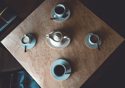 High angle view of coffee cup on table