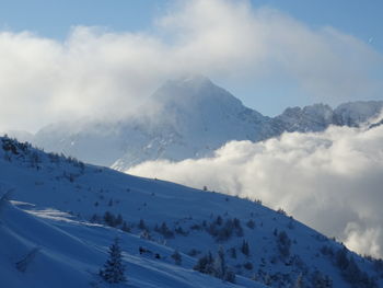 Scenic view of snow covered mountains against sky