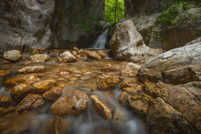 Stream flowing through rocks in forest