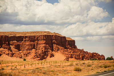 Rock formations on landscape against cloudy sky