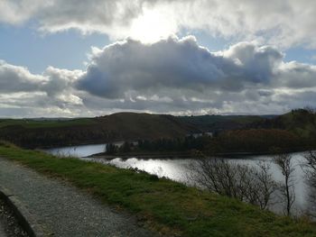 Scenic view of lake against cloudy sky