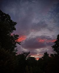 Low angle view of silhouette trees against sky at sunset