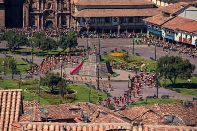 High angle view of people outside building