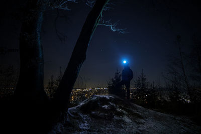 Full length of person in forest against sky at night during winter