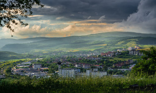 High angle view of townscape against sky during sunset