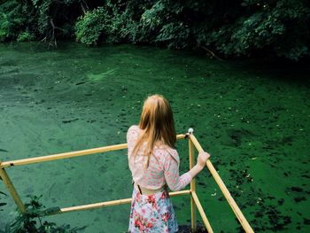 Rear view of woman standing against swamp