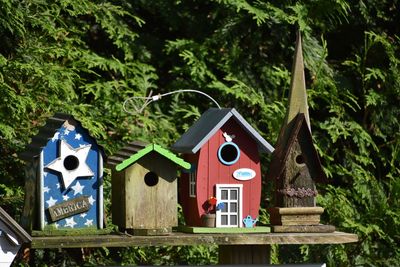 Handmade bird houses mounted on the trees in yard