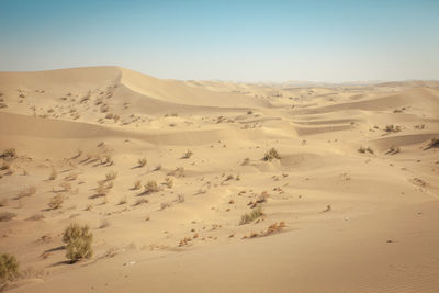 Sand dunes in desert against clear sky