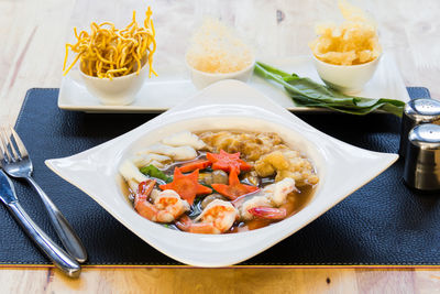 High angle view of meal served on table