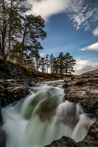 Scenic view of waterfall in forest against sky