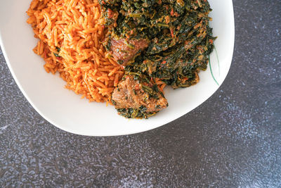 High angle view of food in plate on table