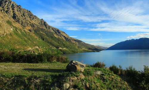 Scenic view of lake and mountains against sky