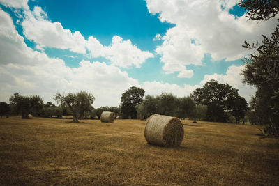 Hay bales on field against sky