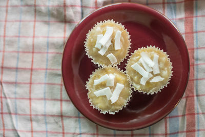 High angle view of cupcakes on table