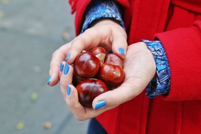 Midsection of woman holding chestnuts outdoors