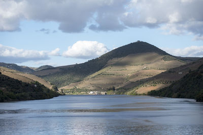 Scenic view of lake and mountains against sky