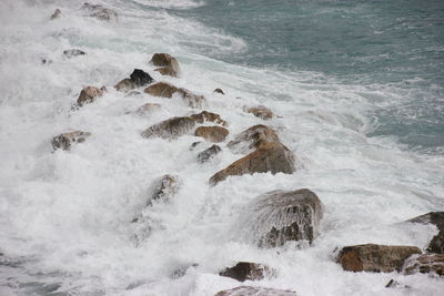 High angle view of waves splashing on rocks