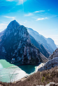 Scenic view of lake and mountains against sky