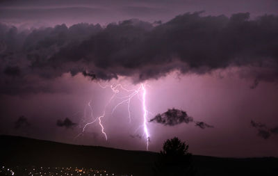 Low angle view of lightning against sky during sunset