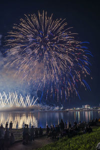 Crowd watching firework display at night