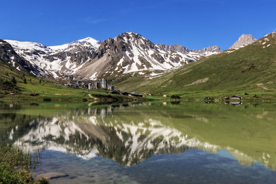 Scenic view of lake and snowcapped mountains against sky