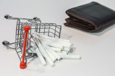 High angle view of objects on table